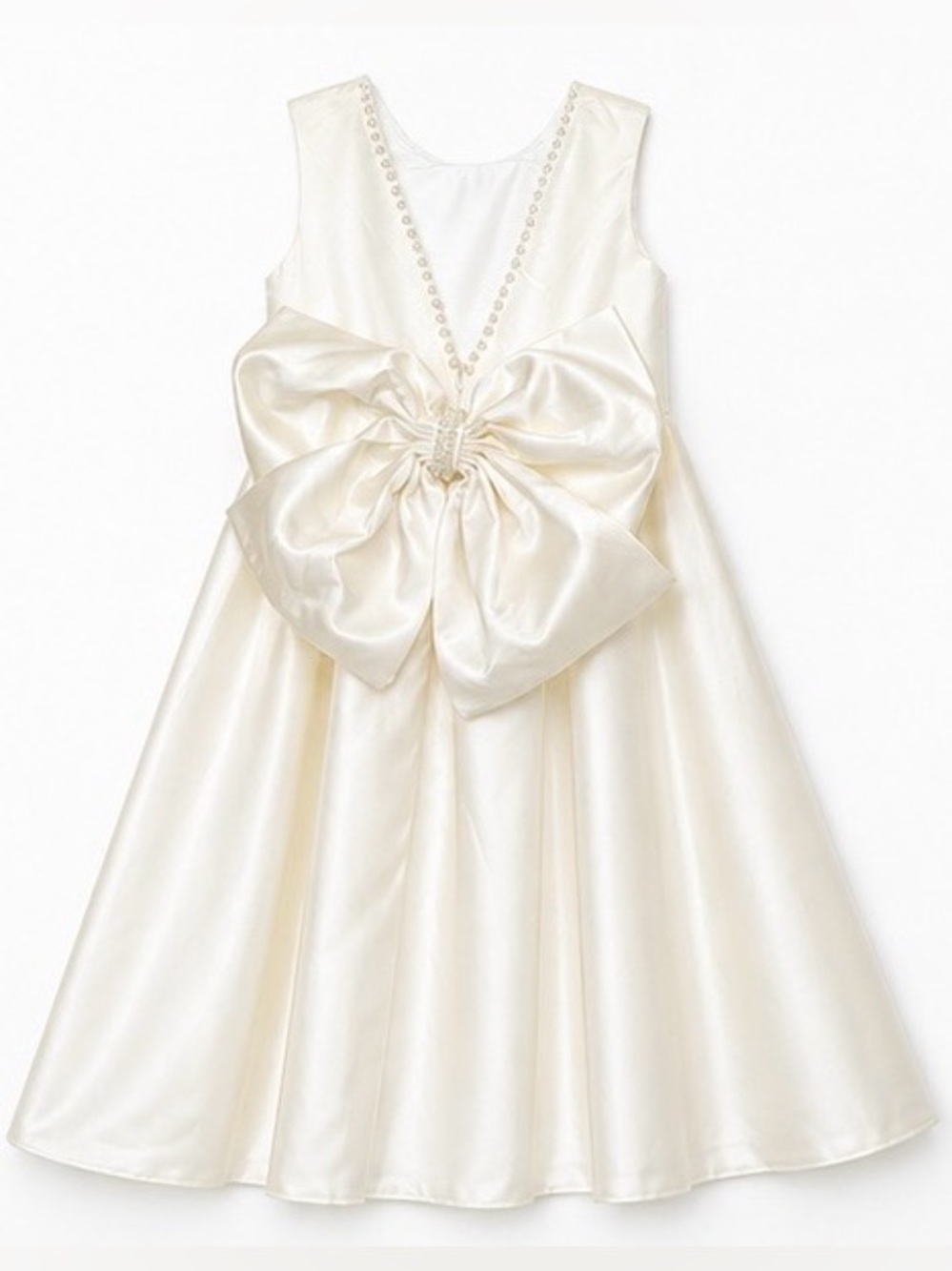 Ivory/Off White Satin Flower Girl Dress Pearl Trim Bow Back V Neck Size 8 - Picture 4 of 16
